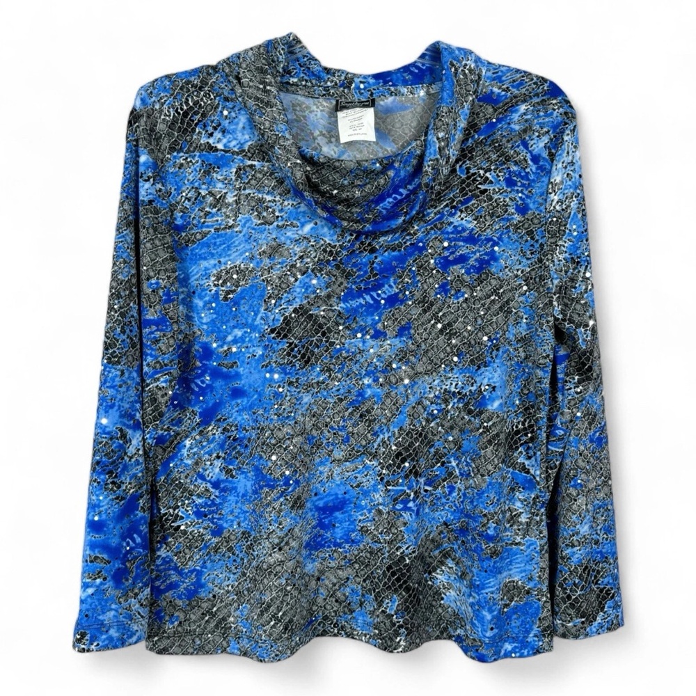 Southern Lady Top Womens Petite Size MP Blue Sequined Cowl Neck
